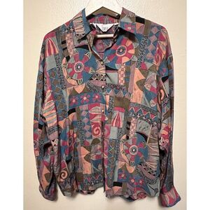Vtg Ishyu 80s Colorful Geometric Designer‎ Rayon Button Up Shirt Sz 12 Hong Kong